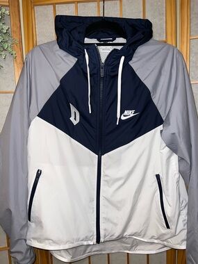 Nike Windbreaker Jacket Mens Medium Navy Gray White Hooded Full Zip